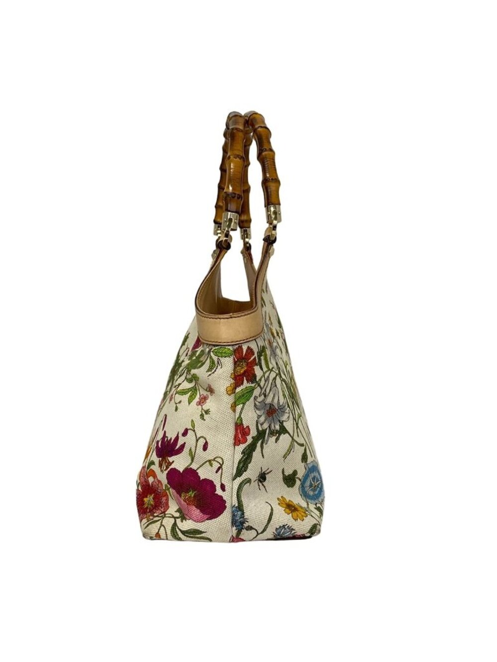 Gucci Tote Flora Bamboo Ivory Dark Green Multi Leather - Picture 2 of 11